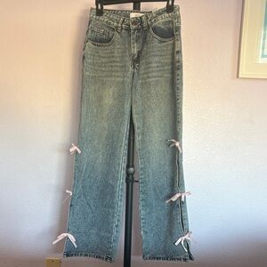 100% Cotton Wide Blue Jeans with Pink Bow Accents